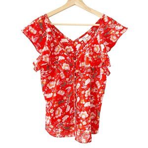 Q&A Women’s 100% Cotton‎ Red Floral Ruffle Short Sleeve Top Button V-Neck Blouse